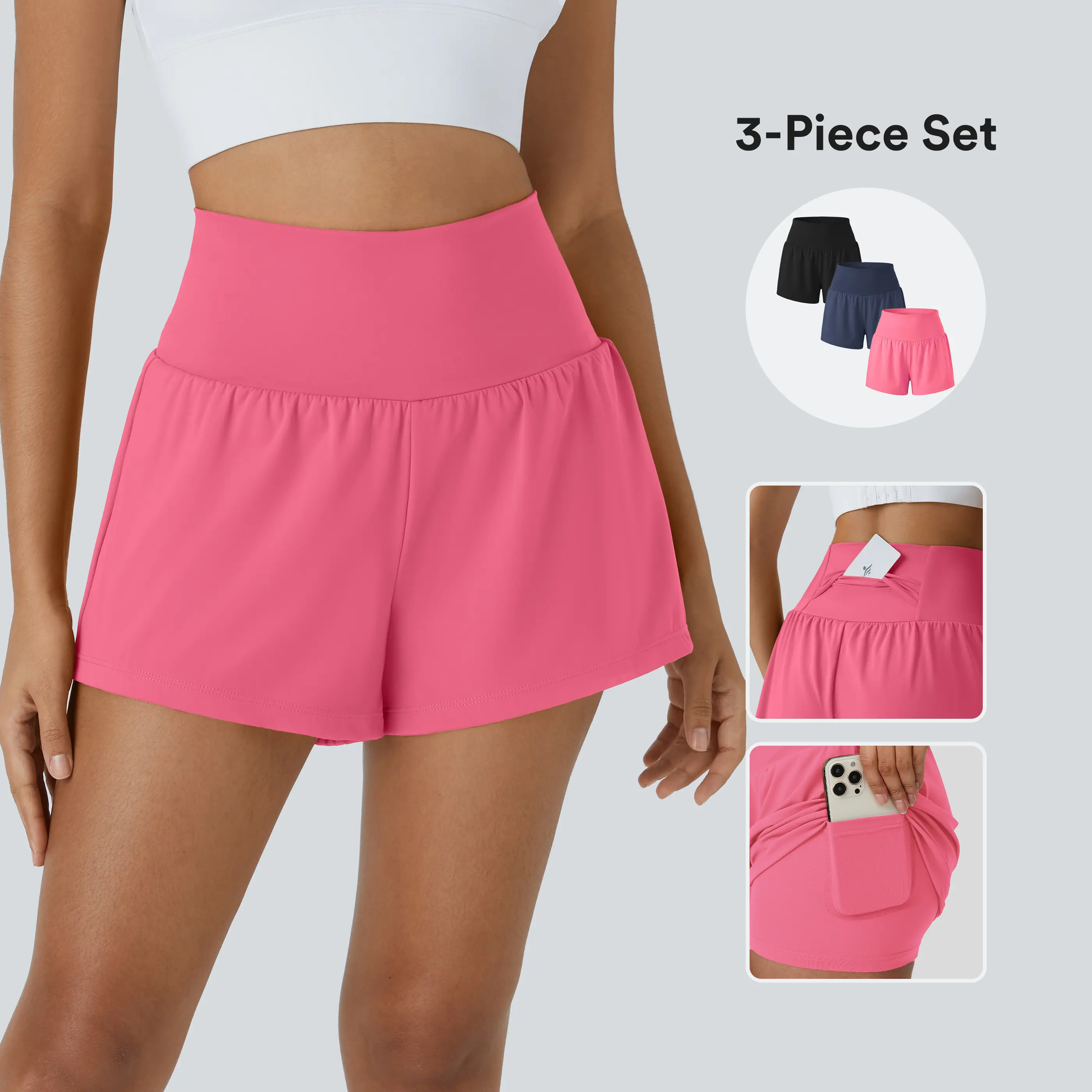 Halara 3-Piece Super High Waisted Back Pocket & Side Hidden Pocket 2-in-1 Yoga Shorts 3" Set