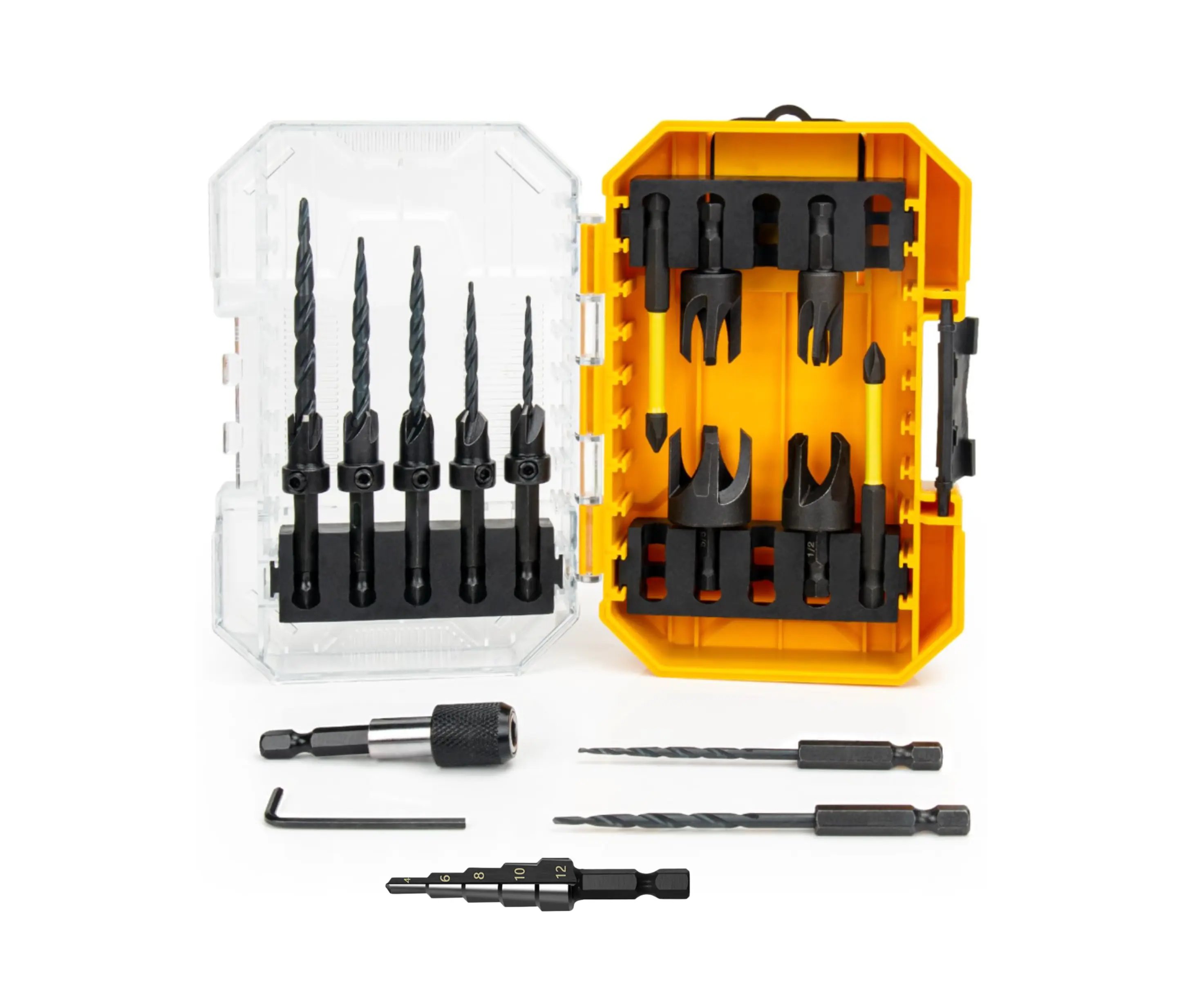 wood  Countersink Drill Bit Set 16PCS, Adjustable Depth Tapered Drill Bits with 4 Wood Plug Cutters & 1/4" Hex Shank, Counter Sink Drill Bit for Wood with Storage Box Replaceable Screwdriver Bits Tool Box