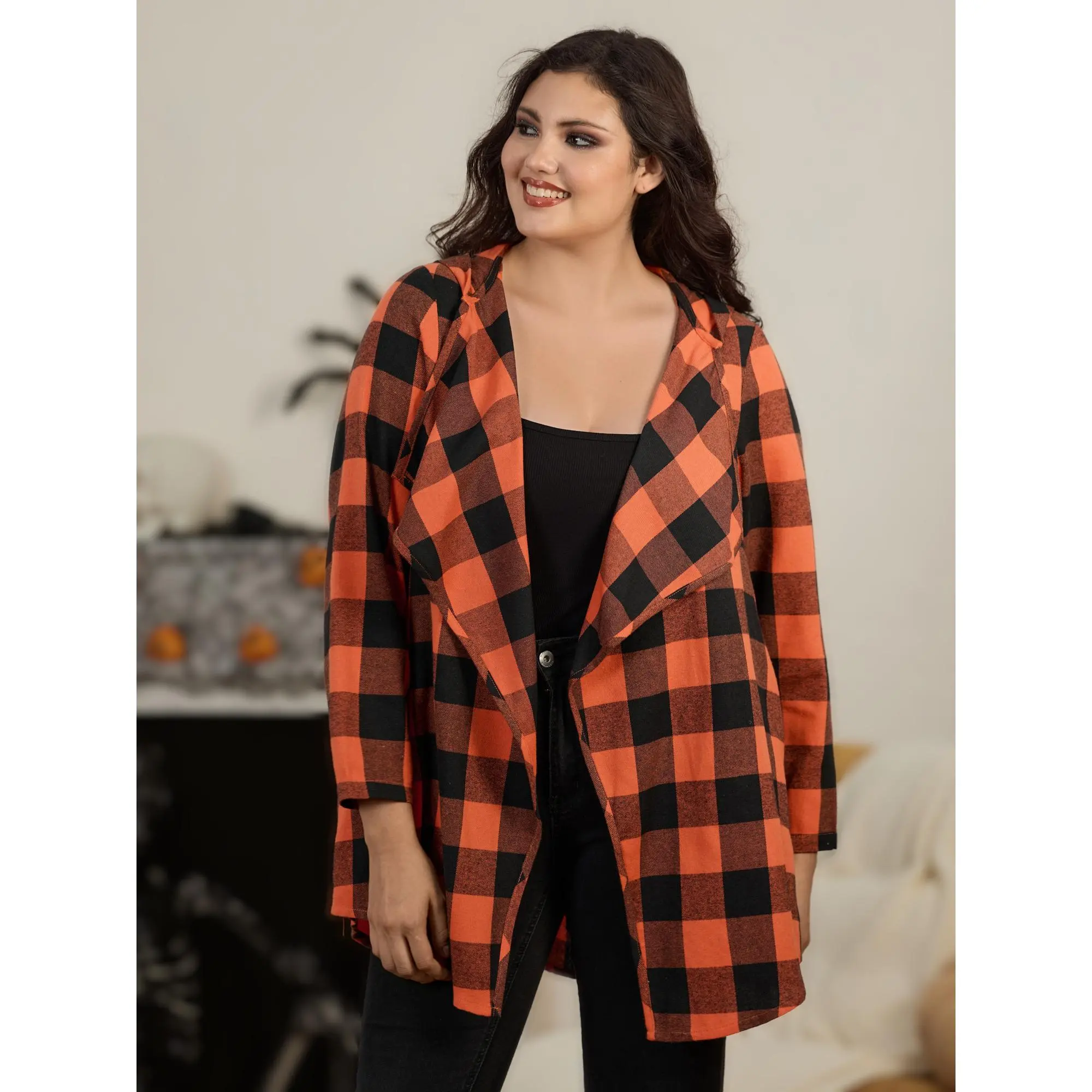 BloomChic Colorblock Contrast Plaid Hooded Open Front Jacket 【M-6XL】