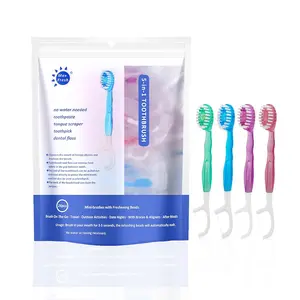 5-in-1 Mini Brushes Disposable Toothbrushes with Mint Toothpaste + Floss + Pick + Tongue Scraper, Travel Size Individually Wrapped Soft Travel Set(4 Flavors, 26/52 Pack)