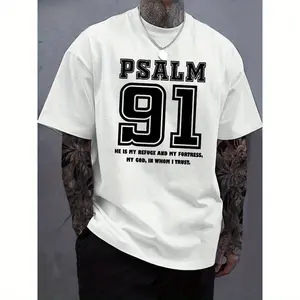 100% Cotton Men'S Psalm 91 Printed Cotton T-Shirt - Casual Crew Neck, Soft And Breathable, White With Black Text, Suitable For Casual Wear,Casual Wear |   Crew Neck T-Shirt |   Soft Cotton T-Shirt Fabric Menswear Sleeve Sle Golf Gift T-Shirt For Men And W