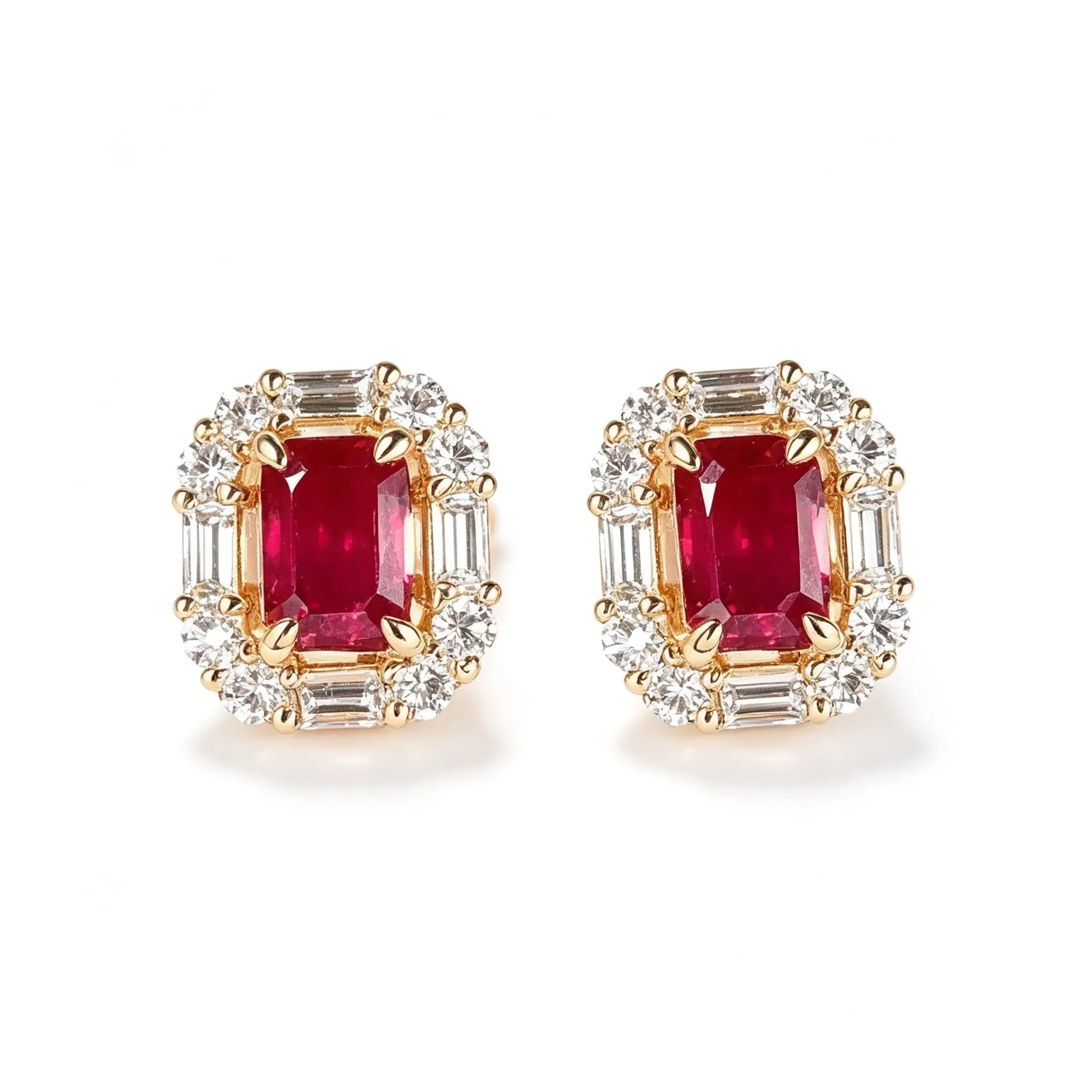 Women's Classic Casual 14K Gold Ruby & Natural Diamond Halo Stud Earrings, High Quality Gemstone Ruby-Diamond Gold Studs for Anniversary, Stylish Earring Jewelry