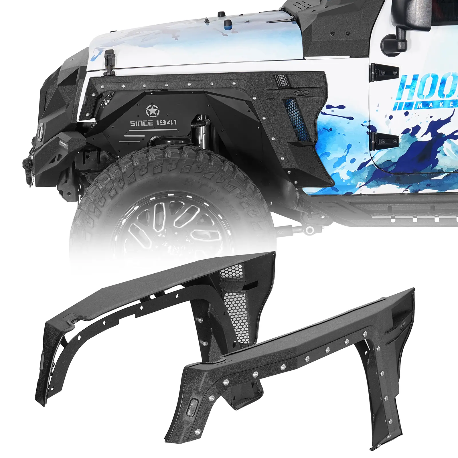 Hooke Road Metal Front Fender Flares with Turn Signal Lights, Exposed Bolts & Tire Clearance - Automotive Car Accessories, Mud Flaps & Splash Guards for 2007-2018 Jeep Wrangler JK Exterior Parts (Assembly Required)
