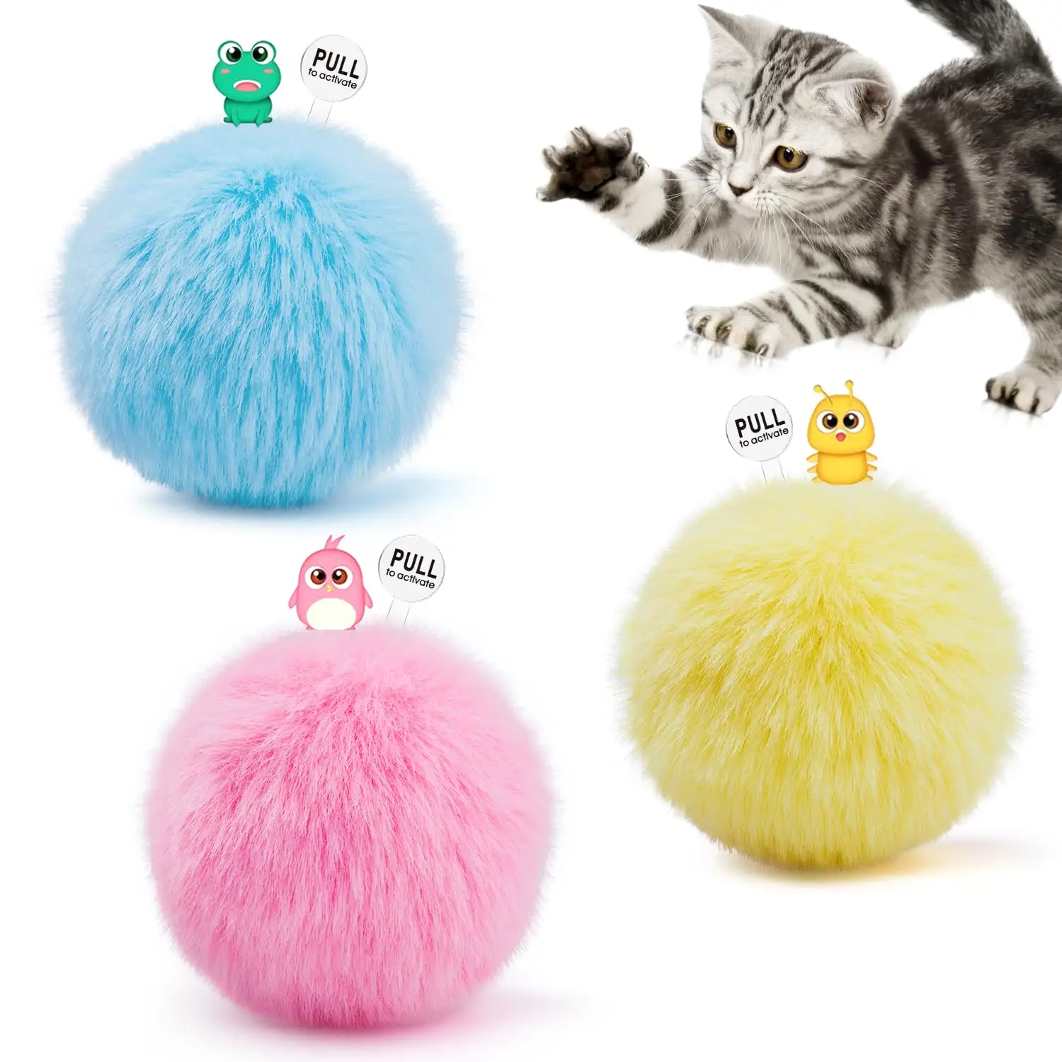 Potaroma Chirping Cat Toys Balls with SilverVine Catnip, Upgraded, 3 Pack Fluffy Interactive Cat Kicker, 3 Lifelike Chirping Sounds, Kitty Kitten Catn