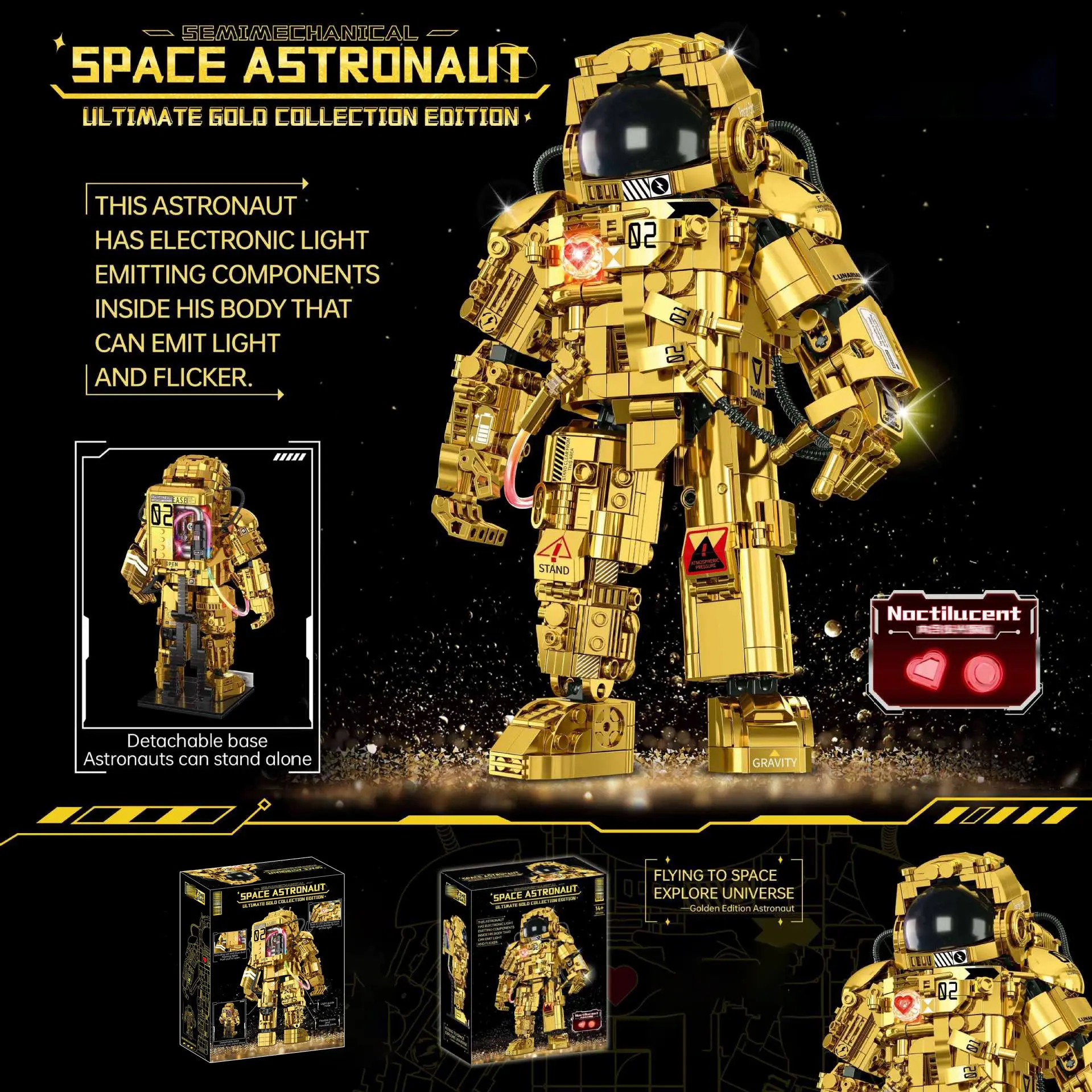 Ultimate Gold Collection Edition Astronaut Building Blocks Set, Mechanical Open-Back Space Astronaut Building Kit for Adults & Kids, Collectible Astronaut Model Toy for Home Desk Decoration, Ideal Christmas Birthday Presents for Space Lovers