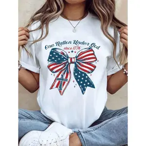 One Nation Under God Since 1776 American Flag Bow Cross Patriotic T-Shirt For Independence Day Fourth Of July Celebration Women Men Unisex Casual Wear