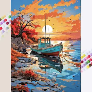 1 DIY handcraft diamond painting kit, 5D diamond art set, DIY decoration, sunset boat diamond painting kit with full round diamonds, mosaic, diamond art, DIY art home decor, suitable for Christmas.