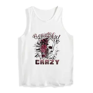 Women's Skeleton Flower Printed Tank Top - Soft, Loose, Sleeveless, Off-Shoulder, Scoop Neck, Polyester-Cotton-Spandex Fabric, Casual Streetwear Vest, Women's Clothes, Clothes, Summer Fit, Large Size