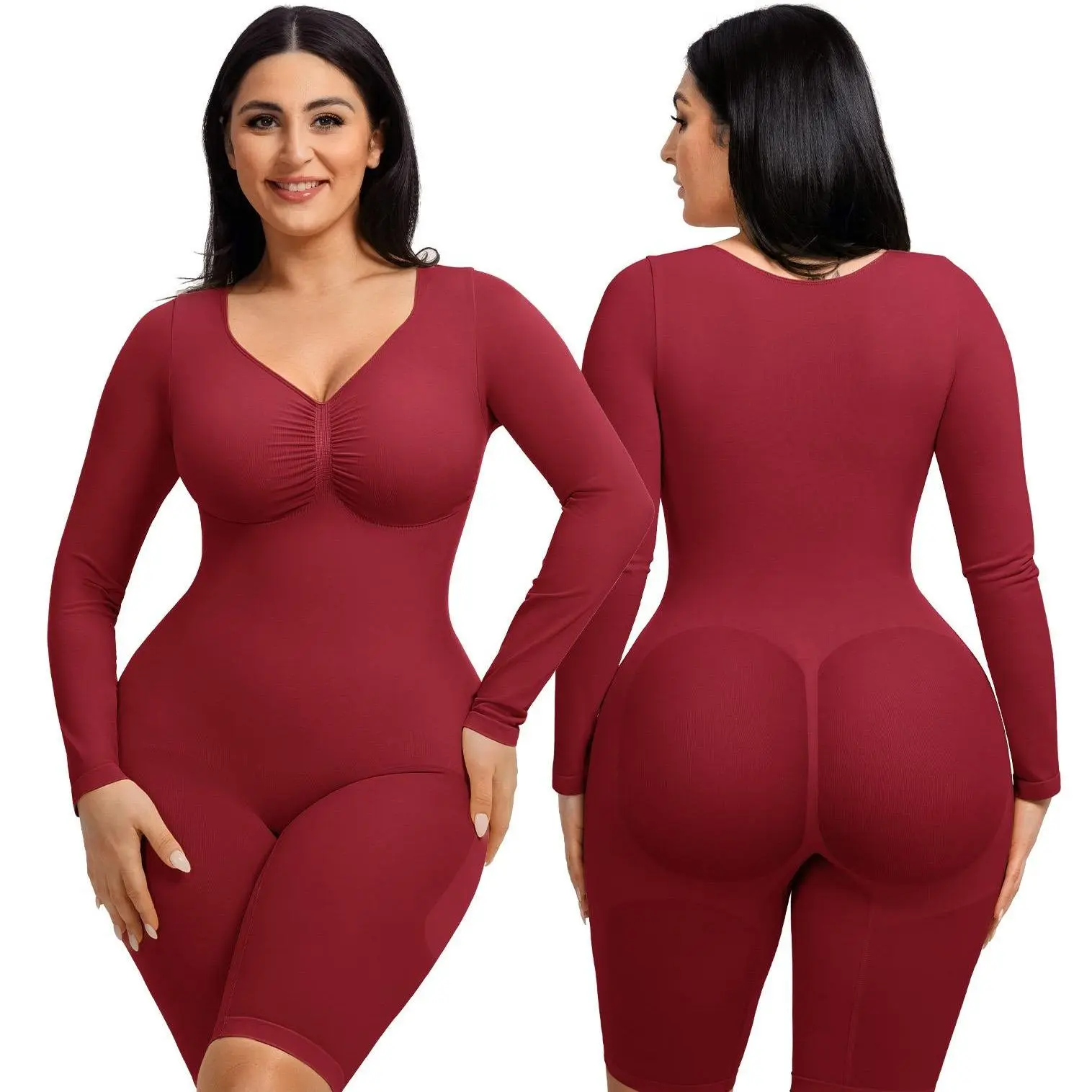 FeelinGirl #Live Full Body Women's Long Sleeve Tummy Control Bodysuit V Neck Basic Slim Fit Body Suits Going Out Tops