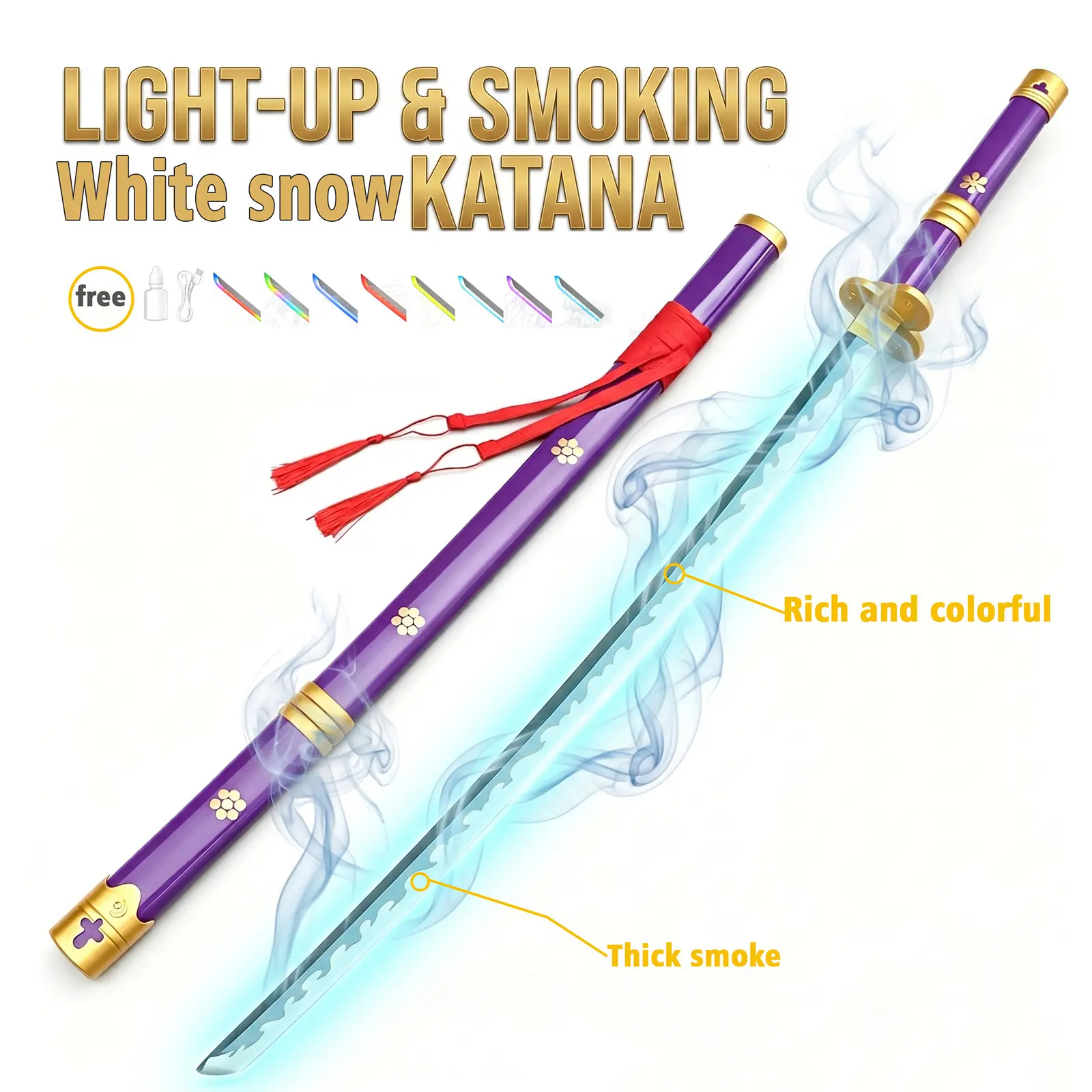 Anime  "One Piece Zoro" Cosplay Prop: Zoro's Demon Lord. It includes a scabbard, a rechargeable USB-type LED lamp, and a wooden blade with a smoke outlet. It can provide both light and smoke effects simultaneously. Retractable Multi-Color Lightsaber