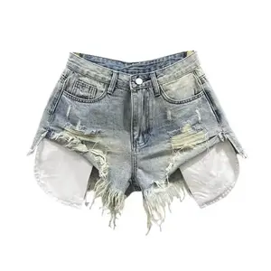 Korean Vintage Blue Sexy Ripped Jeans for Women Patchwork A-line High-waisted Denim Ultra Shorts Womenswear Bottom Basic Fitted(Sheet)