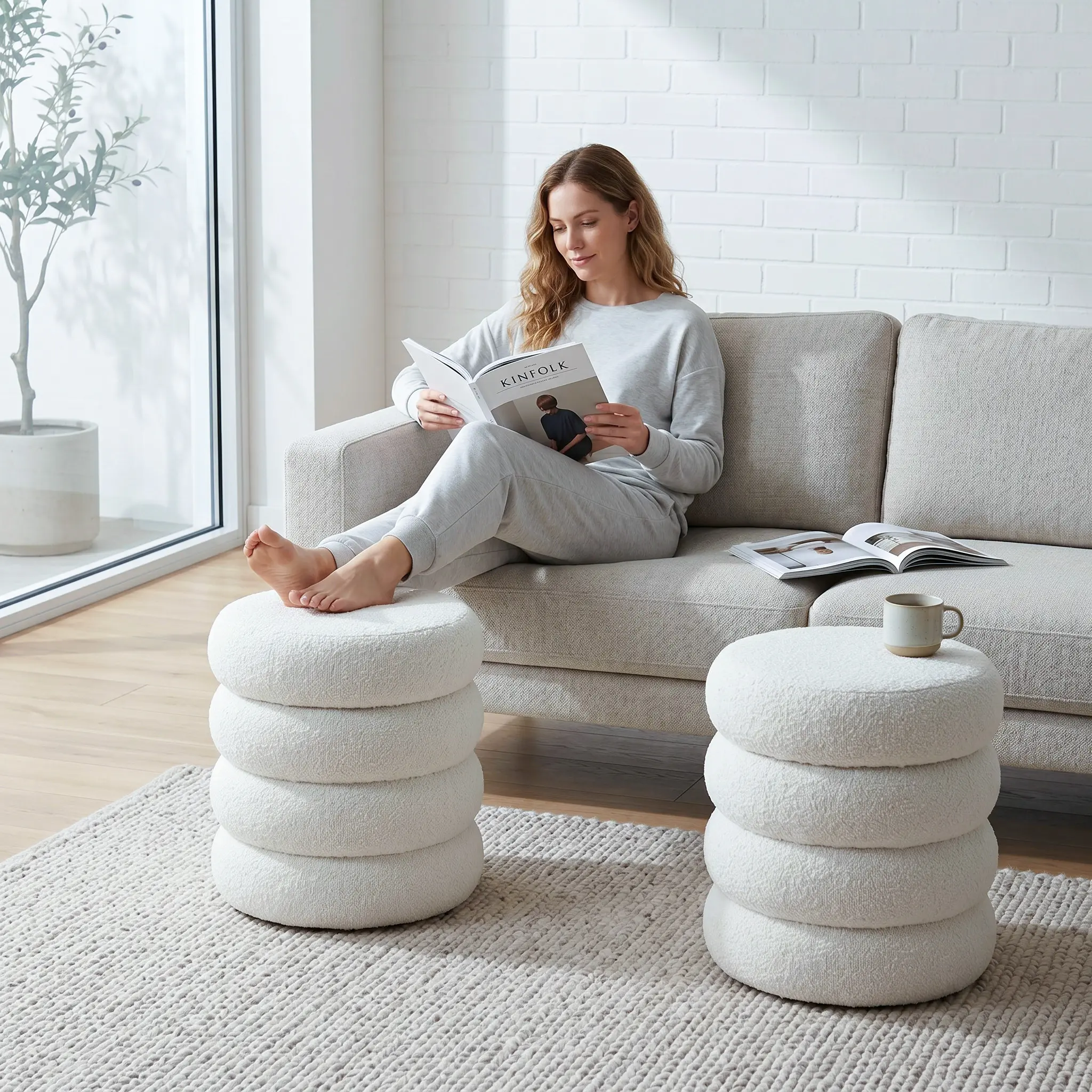 Hidden Storage Tiered Boucle Foot Stool, Versatile Makeup Vanity Ottoman Bench summergarden