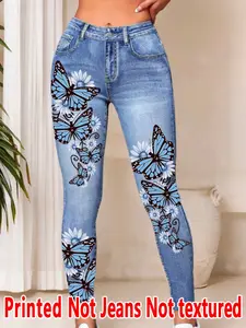 Summer Women's Skinny Trousers, Womenswear Bottoms, Imitation Denim All over Print, Non-Woven Fabric, Four-Season Wear, Cropped Capri Style Pants