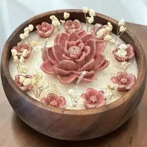 Loto Candle - Pink Floral Design in Wooden Bowl with Dried Flowers for Room Decor Ornaments Woody