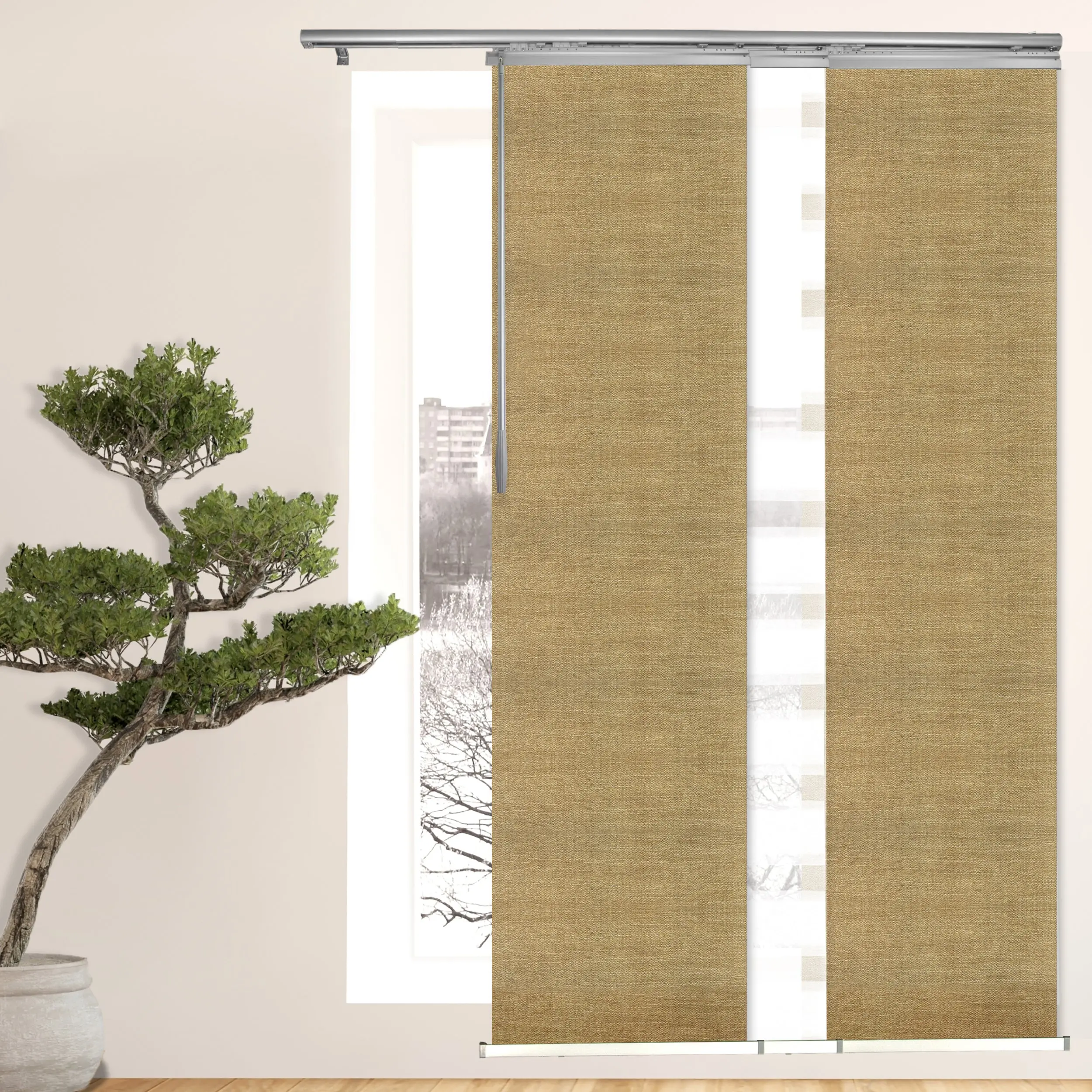 3-Panel Single Rail Panel Track Blind Extendable 36"-66"W x 91.4"H, Panel width 23.5", Macadamia, Canary