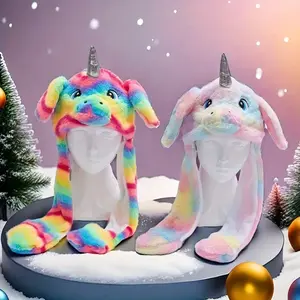 2025 Unicorn Rainbow Plush Hood with Moving Ears Cozy Thermal Winter Animal Hat for Women Christmas Gift Cartoon-Themed Party Cutie Core Aesthetic