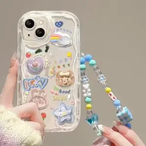 Clear Korean 3D Bear Rabbit Hang Cute Phone Case for IPhone 15 14 13 12 11 Pro Max Plus XR XS 7 8 6S Lanyard Bracelet Wavy Cover Aesthetic Protection