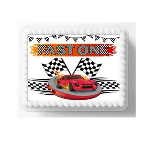 Fast One icing Sheet 8x10in Racing Cars Topper, checker flag topper