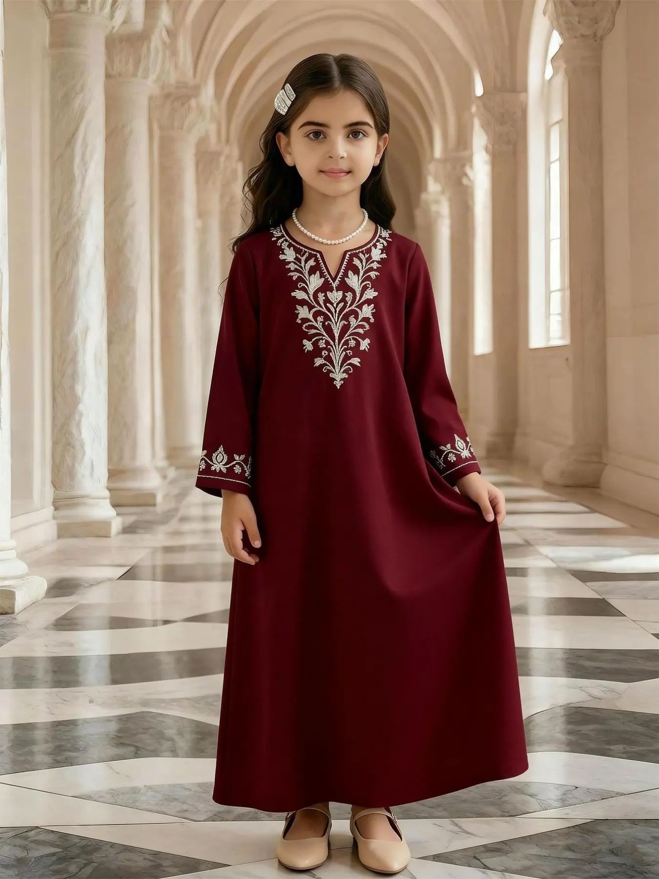 Girls Muslim Style Long Kaftan Robe Dress, Emerald Embroidered V-Neck, Long Sleeve Comfortable Drape, Perfect for Festivals, Daily, Ramadan