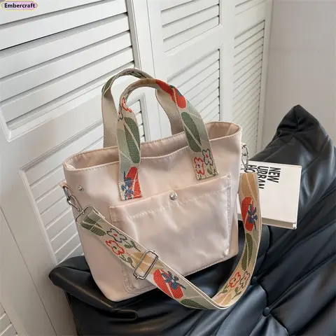 Floral Canvas Crossbody Bag - Wide Shoulder Strap, Commuting Bag for Women, Fashion Portable Everyday Purse