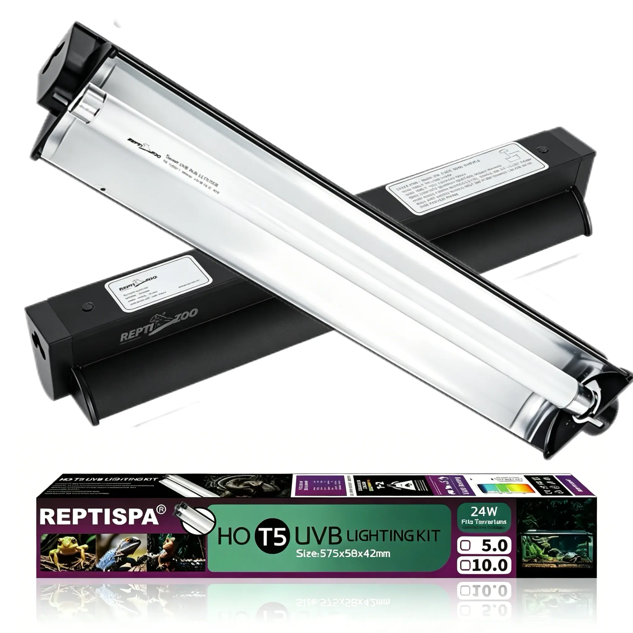 T5 Reptile Light Fixture Combo Kit 24W Light Fixture Reptile Terrarium Hood 10.0 UVB Light Bulb dimmable Fluorescent Tube Ideal for Tropical and Deserts Such as Bearded Dragon Lizards and Tortoises