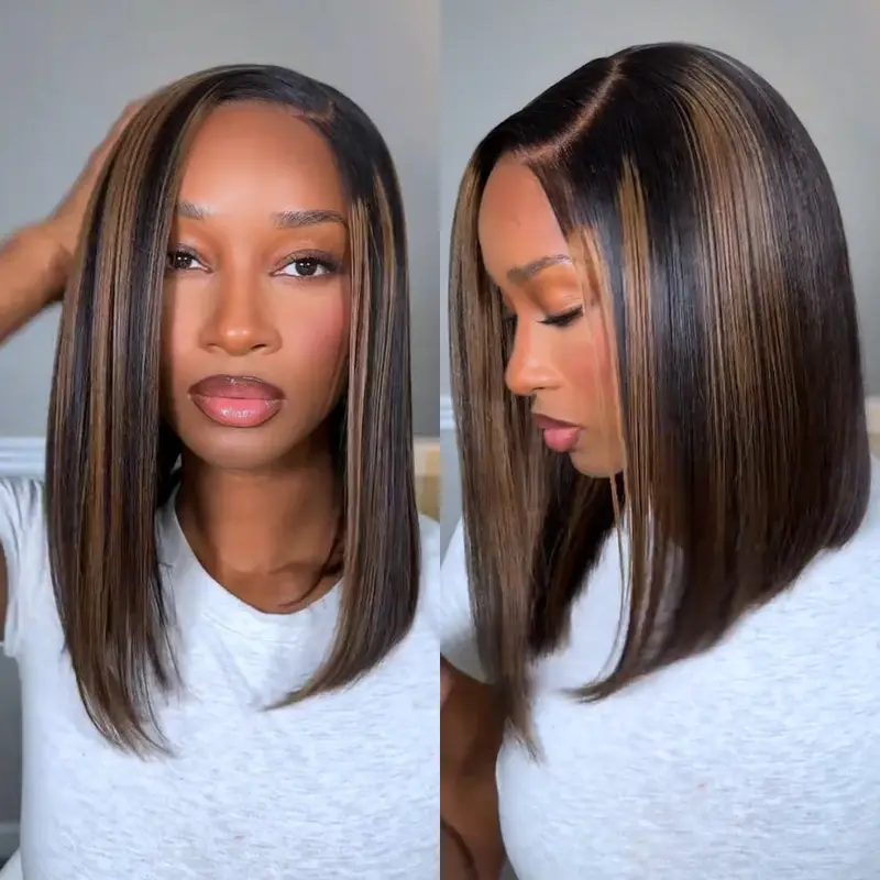 [Side Part]UNice Yaki Straight Bob Black with Caramel Highlights 7x5 Closure Glueless Human Hair Wigs with Drawstring Natural Hairline No Slip Beginners Friendly