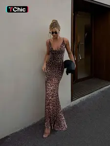 Vintage Leopard Print Backless Cross-Strap Bodycon Fish Tail Dress, Sexy Sleeveless Long Evening Party Dress, Slim-Fitting Style
