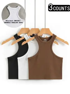 Women's Solid Round Neck Racer Back Sports Vest, Quick Drying Breathable Crew Neck Tank Top for Yoga Gym Workout, Ladies Sportswear for All Seasons, Skinny Activewear Cami, Sporty Cami Top