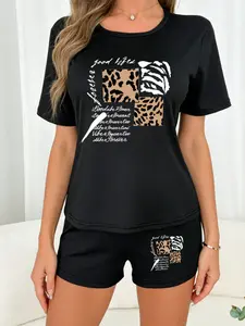 Leopard Print Short Sleeve Shorts Women's Pajama Set, Casual Loose-Fitting Sleepwear for All Seasons, Comfortable Nightwear for Ladies