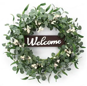 ZMOCEN A Green Eucalyptus Spring/Summer Wreath With A Welcome Sign, Featuring Artificial Spring/Summer White Berries. Suitable For Front Doors, Walls, Windows, Festive Occasions, Farmhouses, Porches, Patios, And Wedding Season Decorations (White + Green).