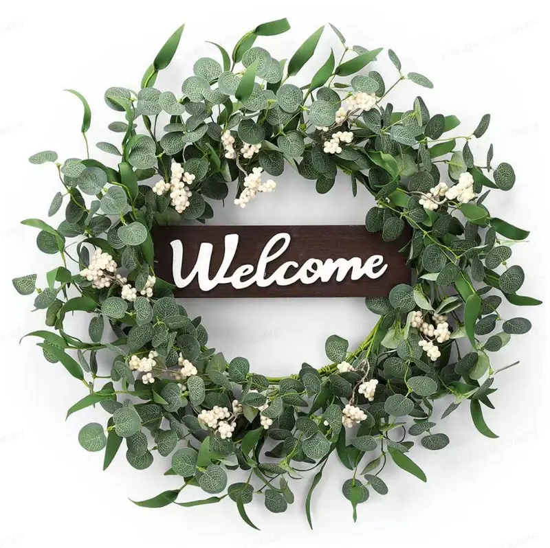 ZMOCEN A Green Eucalyptus Spring/Summer Wreath With A Welcome Sign, Featuring Artificial Spring/Summer White Berries. Suitable For Front Doors, Walls, Windows, Festive Occasions, Farmhouses, Porches, Patios, And Wedding Season Decorations (White + Green).