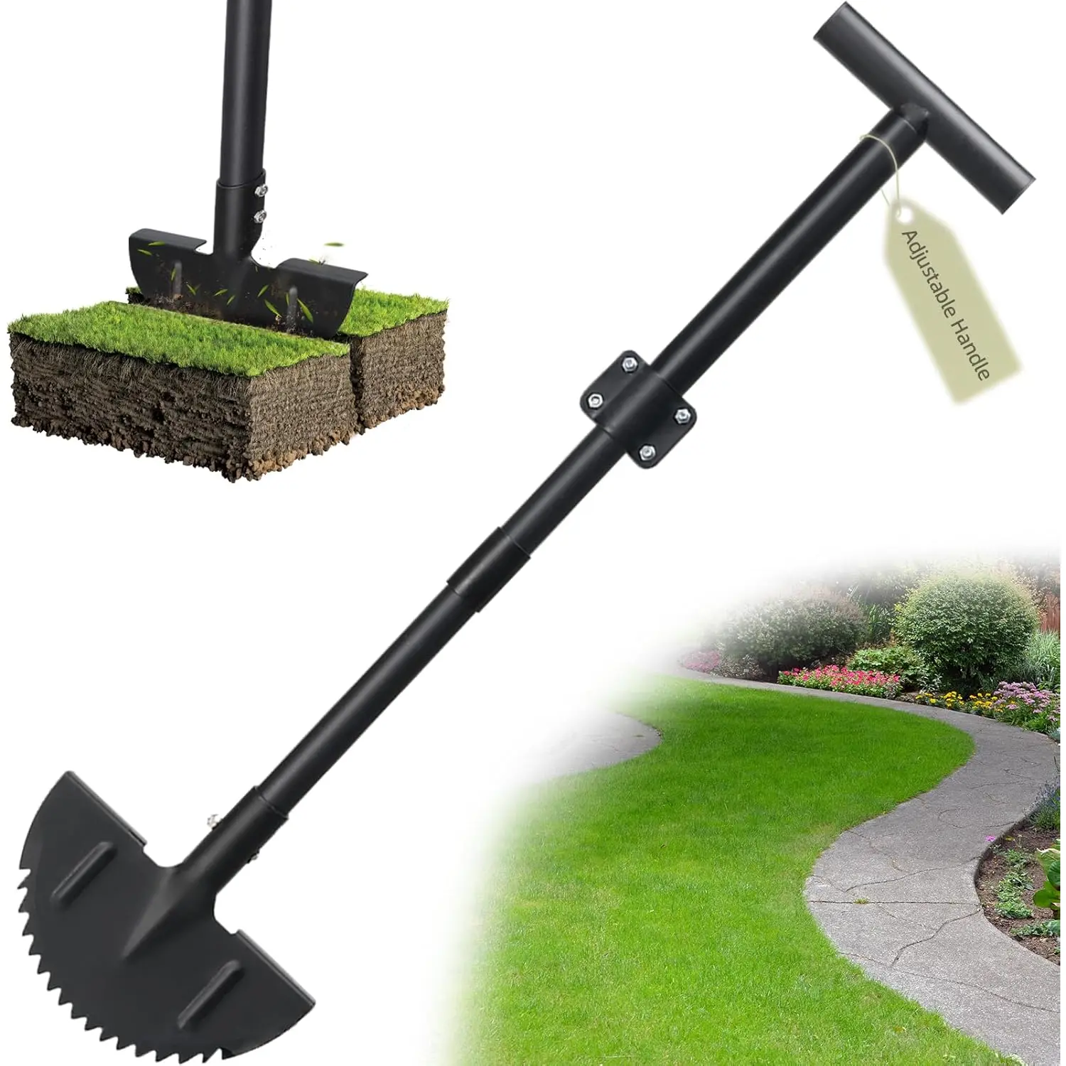 WrenchWizard Half Moon Edger Lawn Tool - Heavy Duty Saw Tooth Manual Edgers with Sharp Blade & Wide Footplate, 38"-49" Adjustable T-Grip Handle for Landscaping, Sidewalks, Yard,Grass,Flower Bed & Garden EdgingQuesear