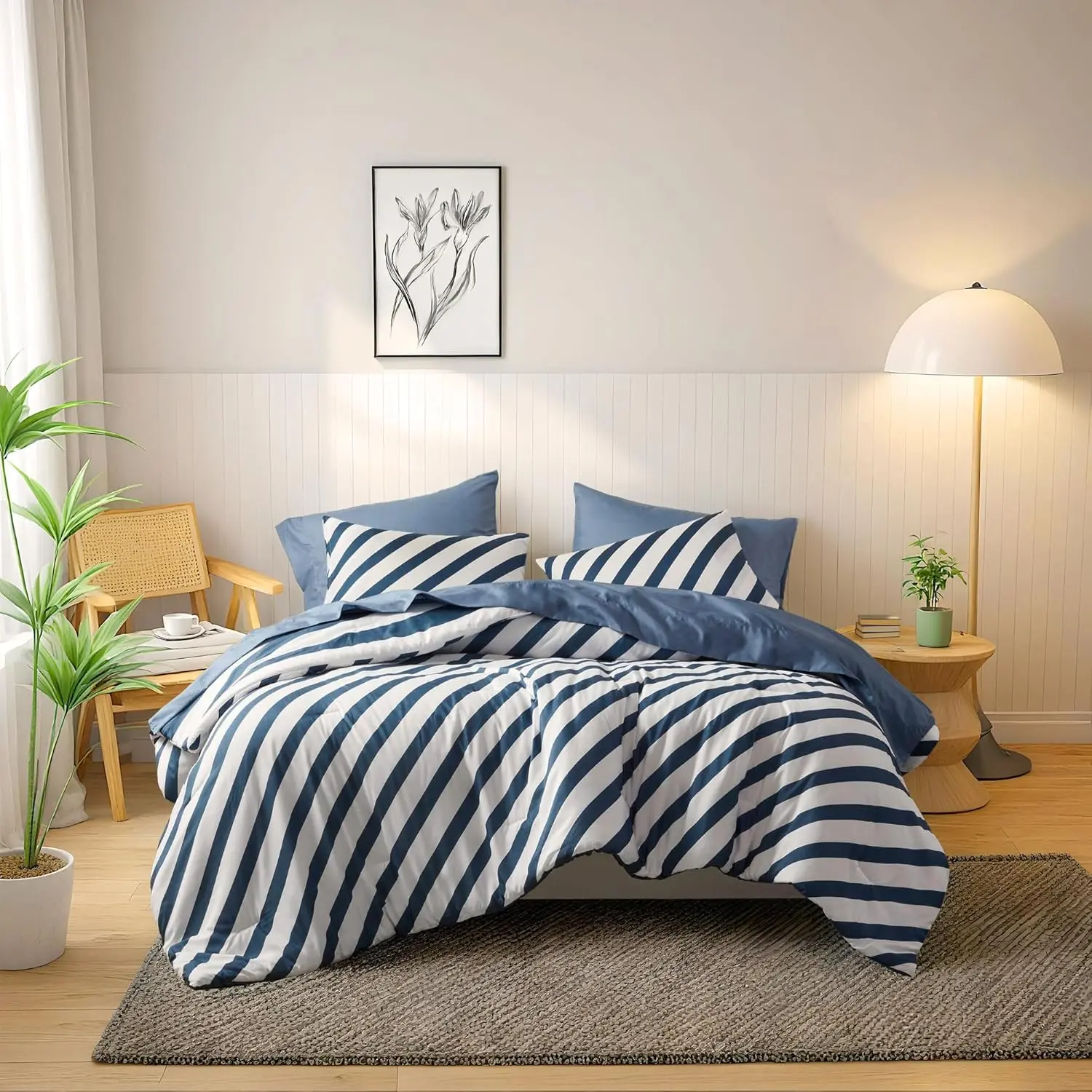 Reversible Striped  Comforter Set-Bed in A Bag 7-Pieces Bedding Set with Double-sided Stripes Design-Warm & Cozy Bed Set Includes  Size Comforter, Sheets Set, Pillowcases and Shams, Navy