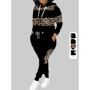 Plus Size Sportswear Two-Piece Set, Women's Clothing plus Leopard Print Long Sleeve Drawstring Hoodie and Drawstring Jogger Pants Clothing Two-Piece Set