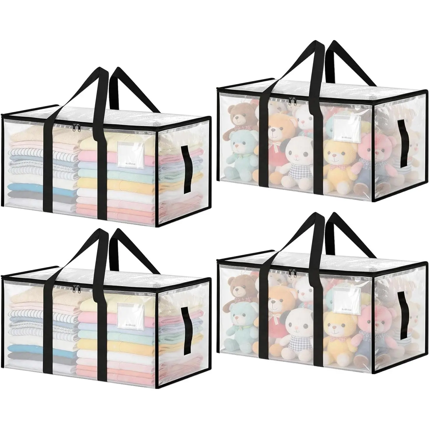 Large Moving Bags 4 Pack Heavy Duty Storage Bags with Reinforced Zipper and Wide Handles, Fold Flat Storage Totes with Tag Pocket, Idea for Space Saving, Alternative to Moving Box (88L, Clear)