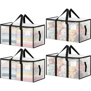 Large Moving Bags 4 Pack Heavy Duty Storage Bags with Reinforced Zipper and Wide Handles, Fold Flat Storage Totes with Tag Pocket, Idea for Space Saving, Alternative to Moving Box (88L, Clear)