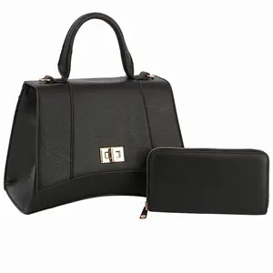 Elegant Black Handbag & Wallet Set with Gold Hardware and Zip Closure for Women