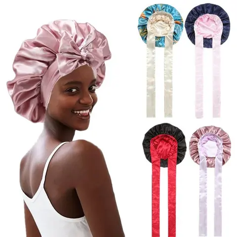 Women's Double-Layer Solid Color Satin Bonnet Hats, Silky Soft Hair Care Cap, Heatless Adjustable Reversible Tie Band Nightcap for Curly Hair