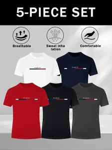 Men's Sport Quick-Dry Short Sleeve T-Shirt Set of 5, Pure Color Round Neck Training Top, Breathable Fast Dry, Gym Running Basketball Football Cycling, Athletic Sports Clothing