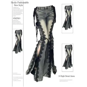 Low Rise Split Bootcut Pants Women Spring Eyelets Lace Up Flare Jeans Retro Stitch Slim Bell Bottoms Streetwear