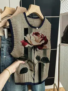 Elegant Spring Summer Knit Top Vests, Loose Round Neck Sleeveless, Deep Blue Color Block, 3D Rose Floral Print, Womenswear, Women's Fall