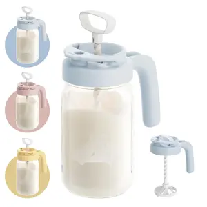 Glass Breastmilk Pitcher, Fast Baby Formula Maker with Mixing Handle Lid, Wide Mouth Mason Jar Breast Milk Storage Container with Flip-Lock Spout, BPA-Free, Baby Registry Search Items, Blue