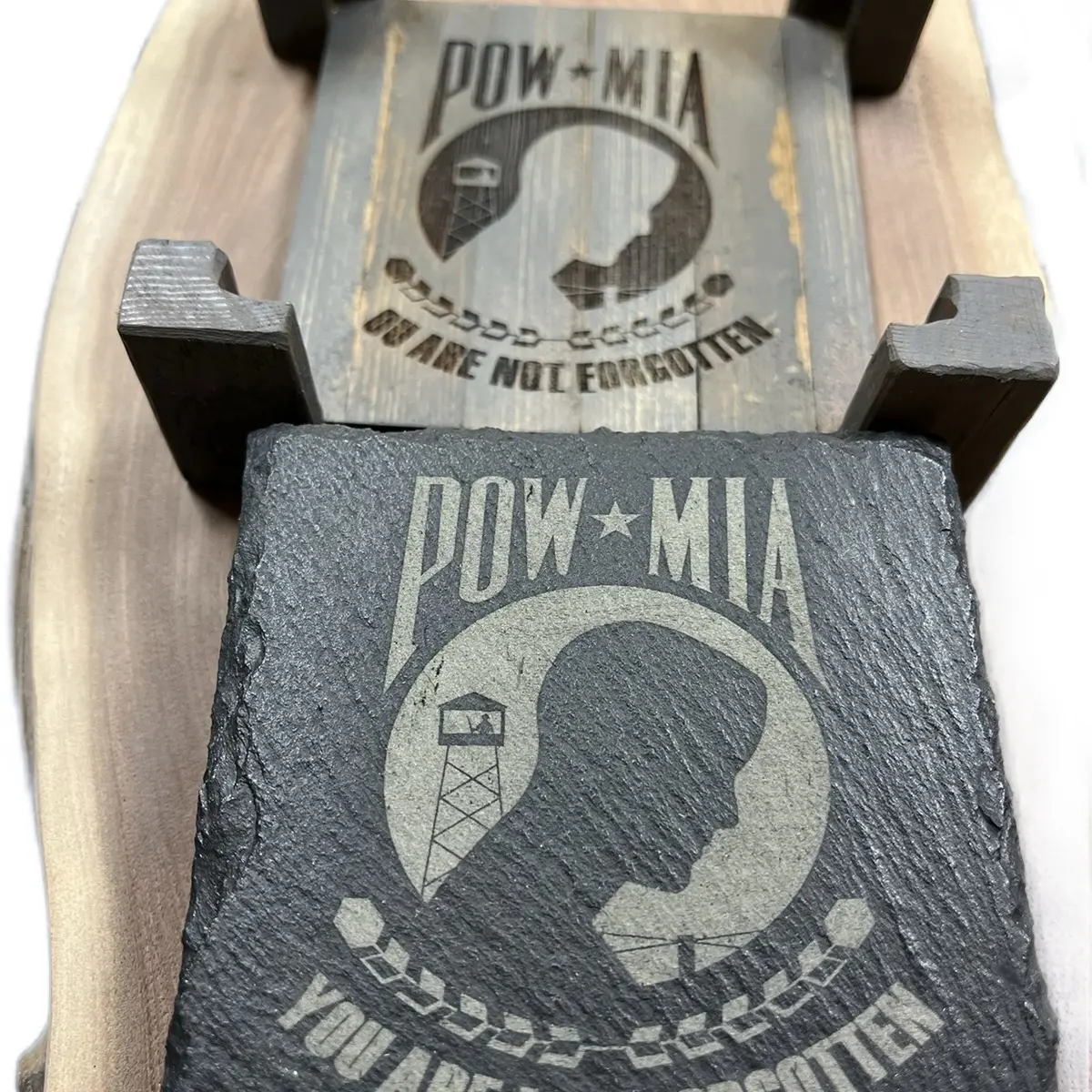 POW/MIA Slate Coasters with handcrafted stand