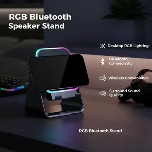 RGB Bluetooth Desktop Speaker with Wireless Surround Sound, Subwoofer, USB Cable, and Smartphone Phone Stand Holder for Gaming, Music Audio