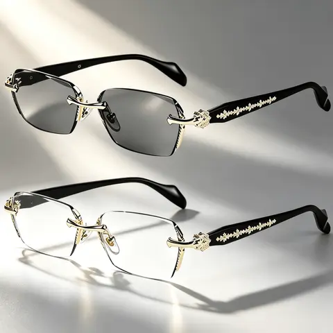 Rimless High Quality Eyewear, Frameless Glasses with Diamond-Cut Edges, Rectangular HD Clear and Color Lenses, Gold and Silver Plating Fashion Temple Metal Decor Accessories, Unisex Fashion Metal Temples Daily Use Street Style, Gifts Thoughts