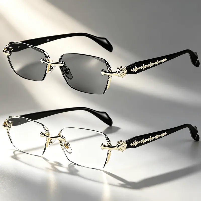 Rimless High Quality Eyewear, Frameless Glasses with Diamond-Cut Edges, Rectangular HD Clear and Color Lenses, Gold and Silver Plating Fashion Temple Metal Decor Accessories, Unisex Fashion Metal Temples Daily Use Street Style, Gifts Thoughts