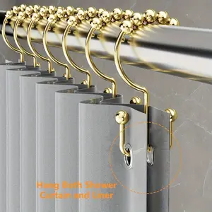12 pieces of golden metal shower curtain hooks, luxurious and elegant double hooks, with sliding balls, durable, waterproof and rust-proof, for decorating bathrooms, bedrooms, living rooms and kitchens.