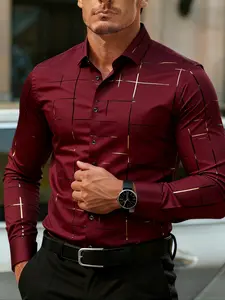 Men's Wine Embossed Long Sleeve Shirt, Casual Fitted Design, Plain Pattern, All Seasons Wear, Stylish Men's Clothing, Casual Fashion Menswear