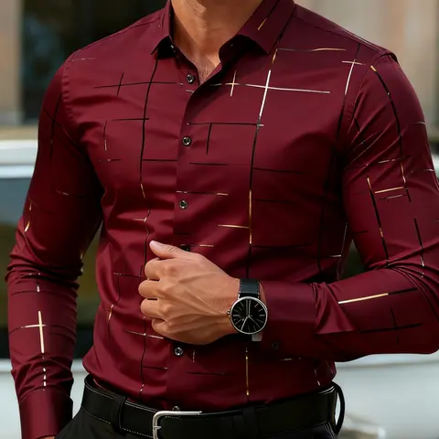 Men's Wine Embossed Shirt, Long Sleeve, Casual Fitted Design, Plain Pattern, All Seasons Wear, Stylish Men's Clothing