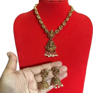 Traditional South Indian Temple Ethnic-Inspired Casual Set Jewelry Set - 2-Piece Gold-Colored Mini Necklace with Matching Earrings, Casual Jewelry Sets, Set Jewelry Sets